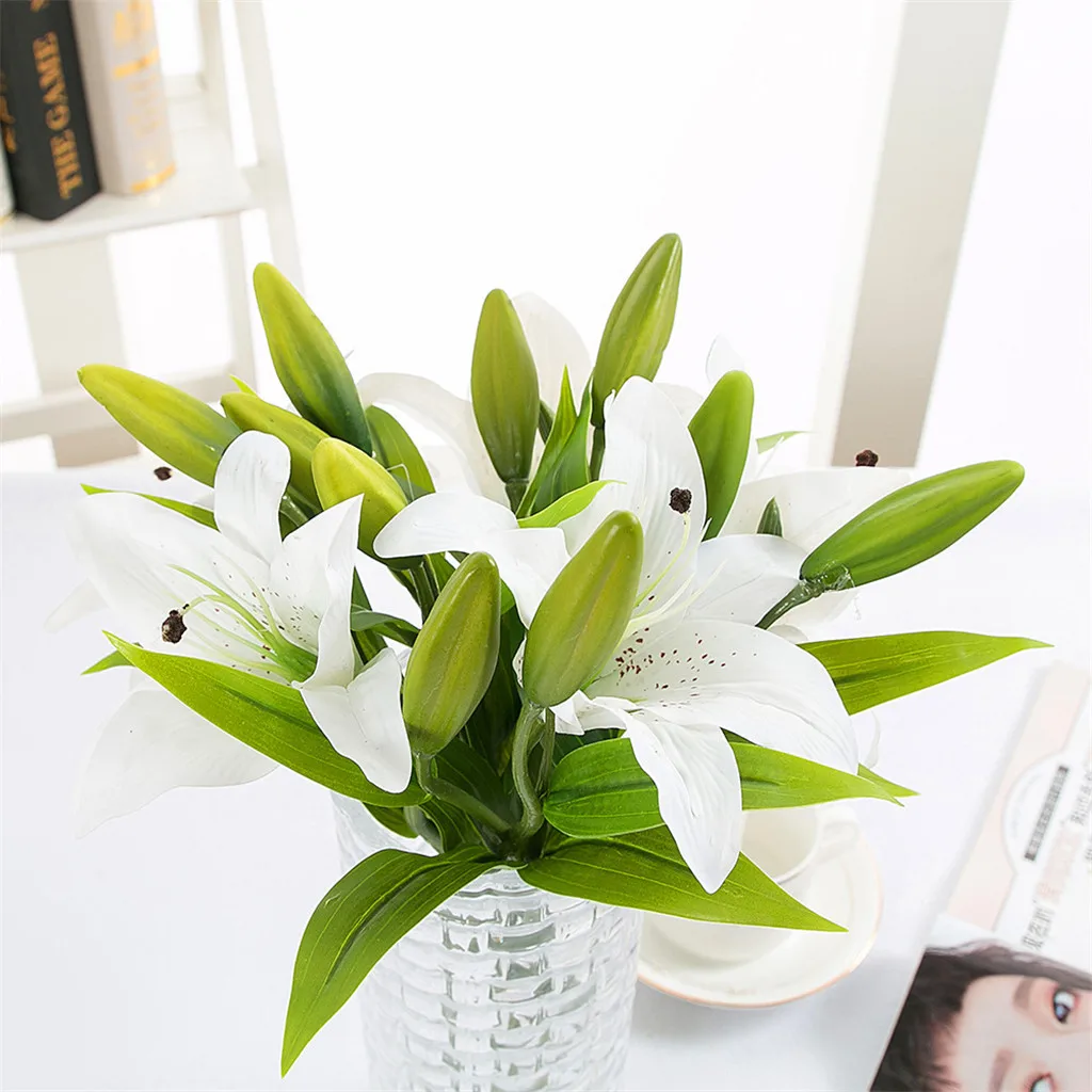 3 Heads Real Touch Artificial Lily Flowers Wedding Bridal Silk Fake