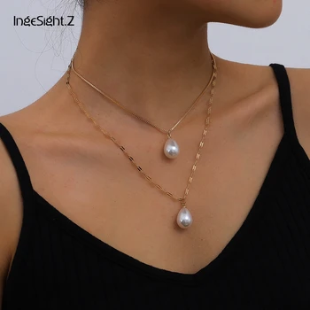 

IngeSight.Z Bohemian Multi Layered Imitation Pearl Pendant Necklace Simple Minimalist Choker Necklaces Collar for Women Jewelry