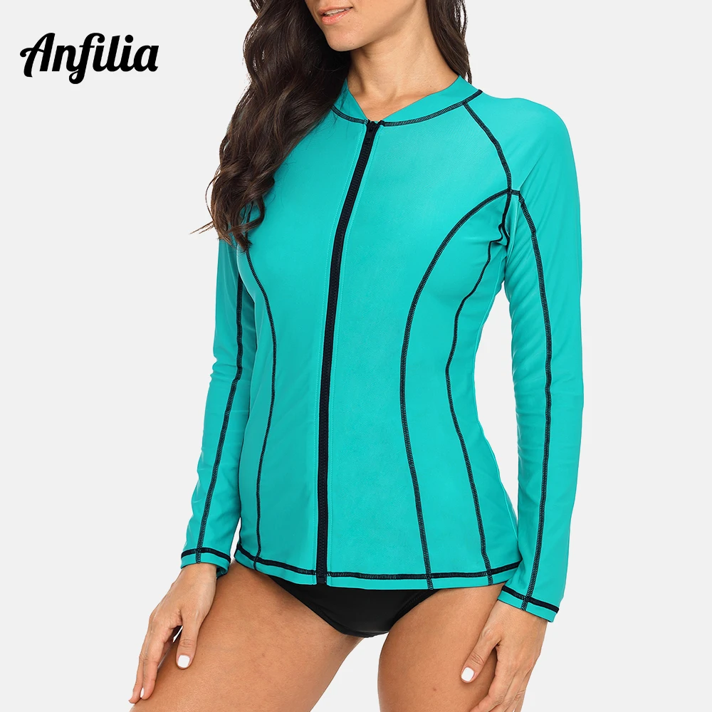

Anfilia Women Long Sleeve Zipper Rashguard Top Running Shirt Swimwear Swimsuit Surfing Rash Guard UPF50+ Hiking Shirts