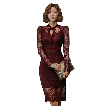 

2020 Summer Sheer Lace Dress Women Long Sleeve Bodycon Party Dresses Ladies Hollow Out Midi Club Dress Women Vestidos De Verano