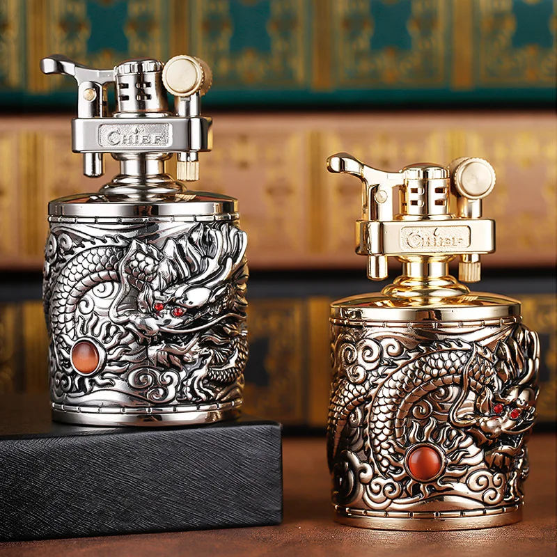 Big Size Metal With Leather Gasoline Cigarette Lighter Grinding Wheel Metal lighter Inflatable Tobacco Kerosene Carving Lighter