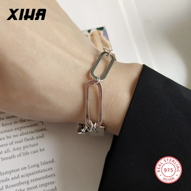 Ручная работа 925 пробы серебряные большие звенья цепи браслеты для женщин дизайнерские ювелирные изделия роскошный женский браслет с подвеской и геометрическим дизайном