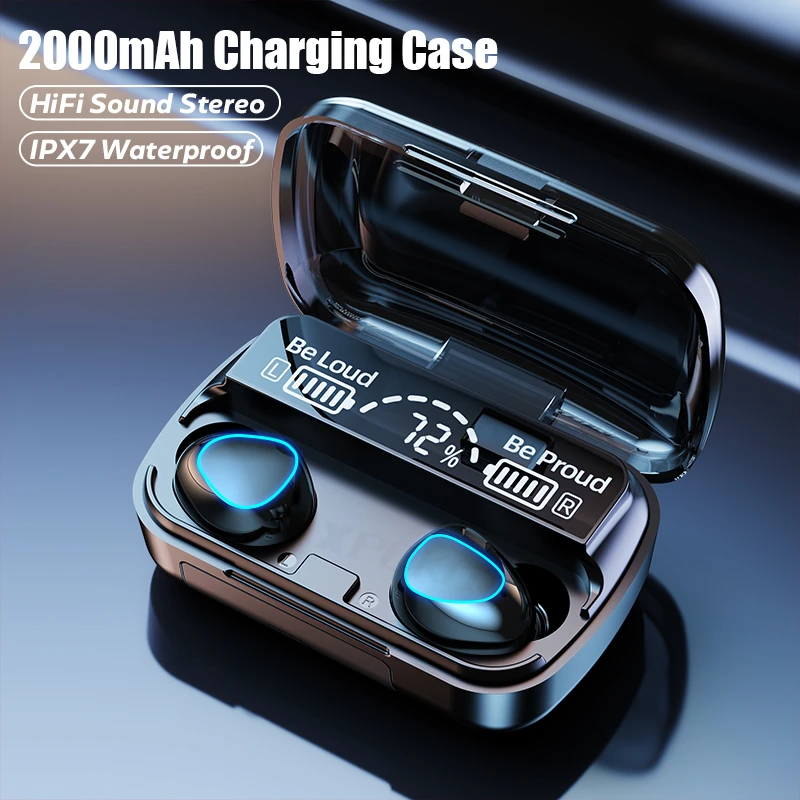 Auriculares TWS con Bluetooth 5,1, cascos inalámbricos con cargador de 2000mAh, estéreo 9D, deportivos, resistentes al agua, con micrófono