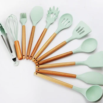 

11 Sets Silicone Cooking Utensils Tools Set Non-stick Spatula Shovel Wooden Handle Baking Gadget Kitchen Accessories