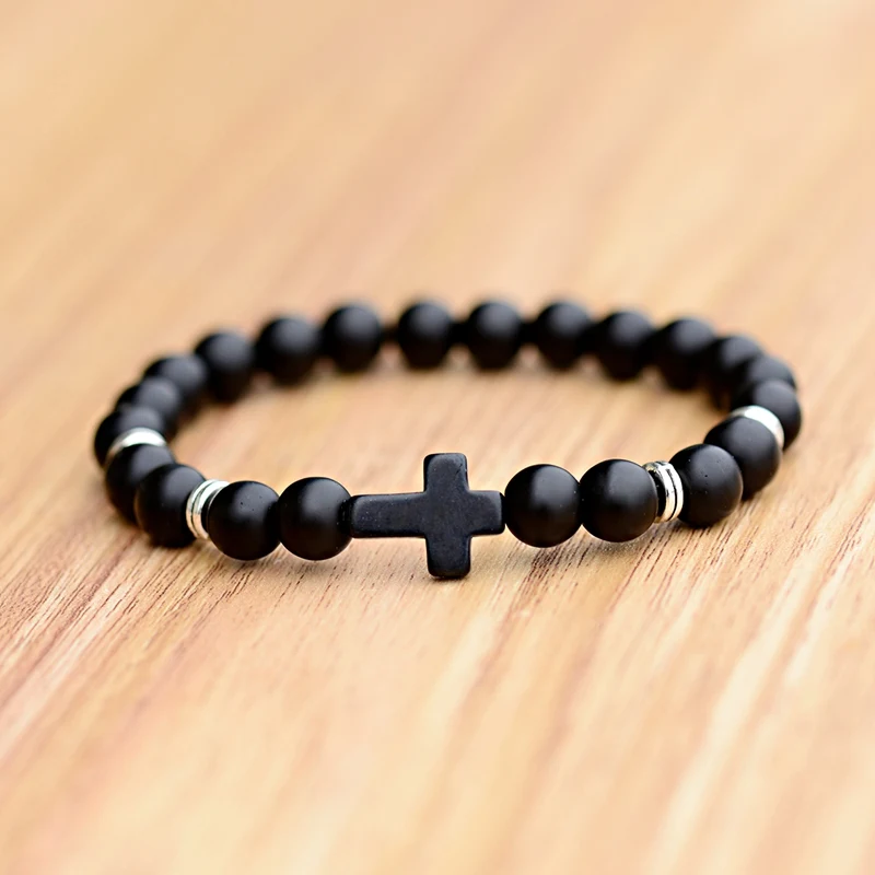 Модный браслет для мужчин черный крест йога баланс Bileklik Лава матовые бусы из камня браслет женский браслет ювелирные изделия