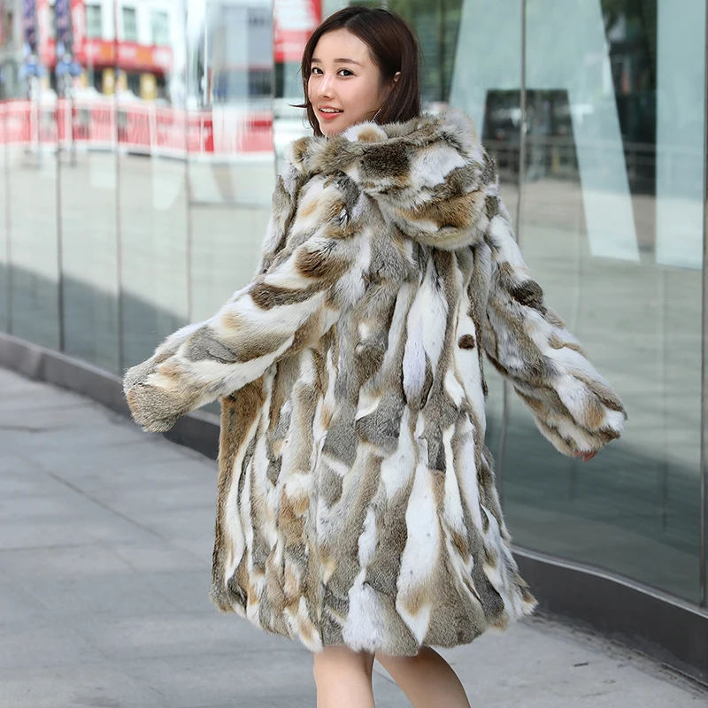 Меховое пальто с капюшоном, смешанные цвета, натуральный мех кролика, женская зимняя куртка с капюшоном, низкая Скидка, распродажа, мех sr692