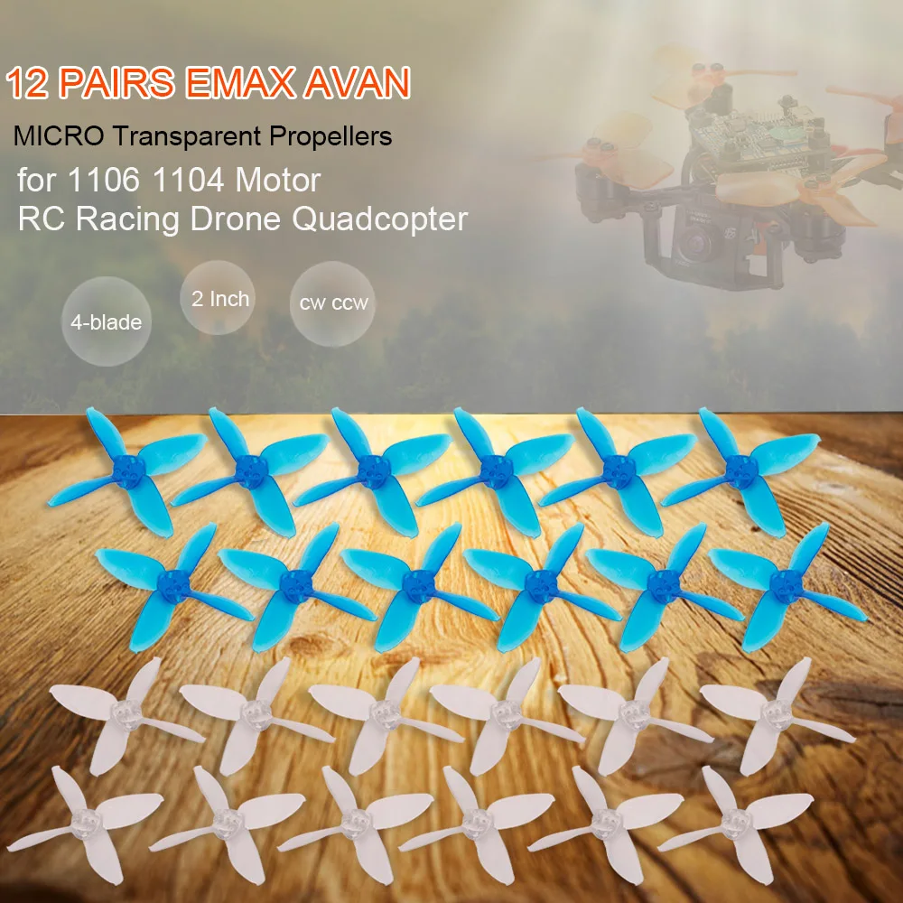 

12 Pairs Micro 2 Inch 4-blade Transparent Propellers CW CCW for 1106 1104 Motor RC Racing Drone