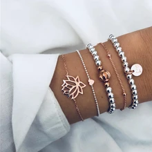 В стиле «панк» с серебряными бусинами браслеты вышитые блестками, браслет на запястье для Для женщин популярные золотой лотос сердце цепи Браслеты женский Bijoux(украшения своими руками) 5 шт./компл