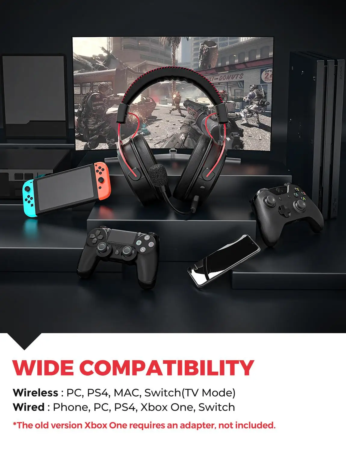 Mpow Air Pro Wireless Gaming Headset 7.1 Surround Sound Bluetooth Gaming Headset with Noise Cancellation Mic for Xbox One PS4 PC