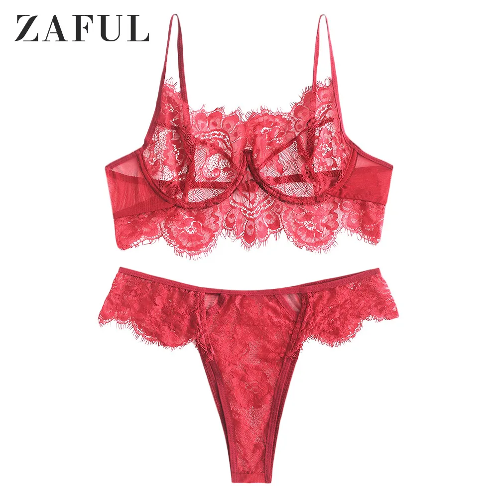 ZAFUL Lace Underwire Sheer Hollow Out Lingerie Set For Women Full Cup Back Closure Adjusted-Straps Female Sexy Set - Цвет: Red Wine