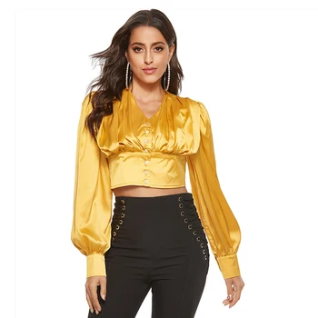 

HIGH STREET Summer Fashion 2020 Designer Blouse Women's V-Neck Lantern Sleeve Button Patchwork Crop Blouse Top