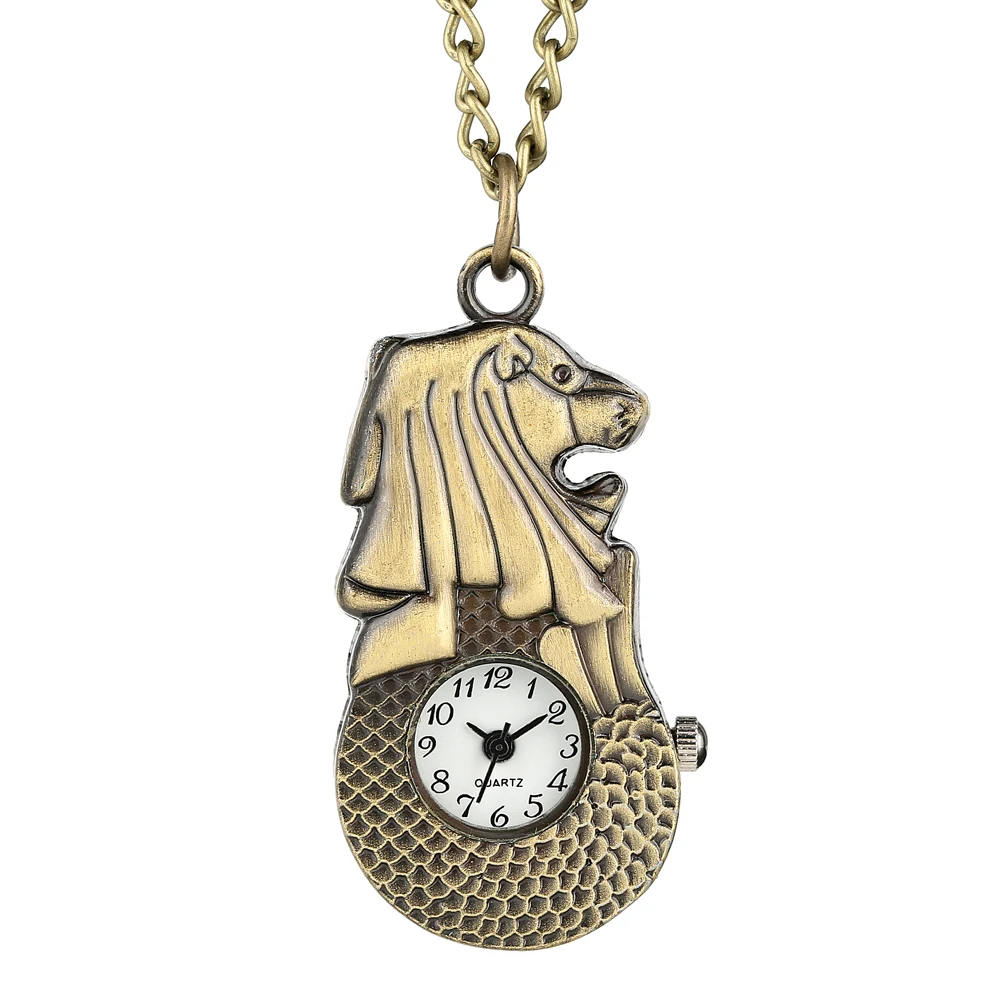 

Creative Bronze Lion Pattern Quartz Pocket Watch Concise White Dial Arabic Numerals Slim Pendant Watch Chain for Women Men