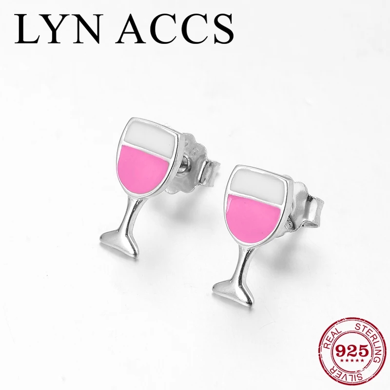 

Goblet Glass pink Enamel Small Stud Earrings For Women Jewelry Lucky Statement 925 Sterling Silver Fine Jewelry Earring Gift