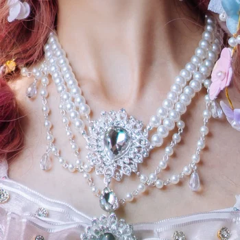 

Cherry blossoms Girl Handmade Palace Style lolita Necklace water-drop Multilayer Pearl gem Pendants Daily Tea Party Soft Sister