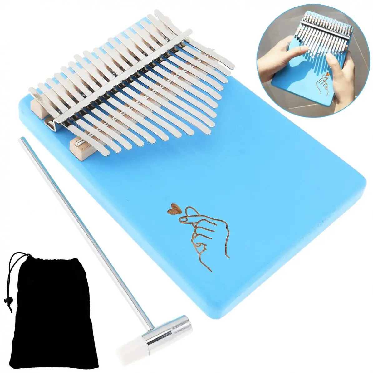 

Thumb Piano 17 Keys Kalimba Blue Finger Heart Pattern Solid Single Board Pine Mbira Mini Keyboard Instrument