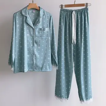

Women 2PCS Shirt&Pants Casual Pajamas Suit Satin Print Nightwear Intimate Lingerie Silky Home Clothes Blue Sleepwear Pyjamas
