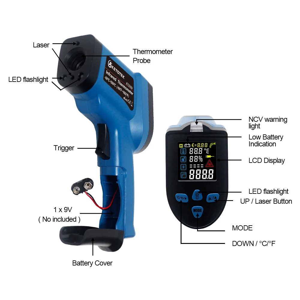 Kopen Non Contact Digitale Infrarood Thermometer Laser Pyrometer Temperatuur Vochtigheid Meter C F Ncv Detecteren Met Type K Thermokoppel