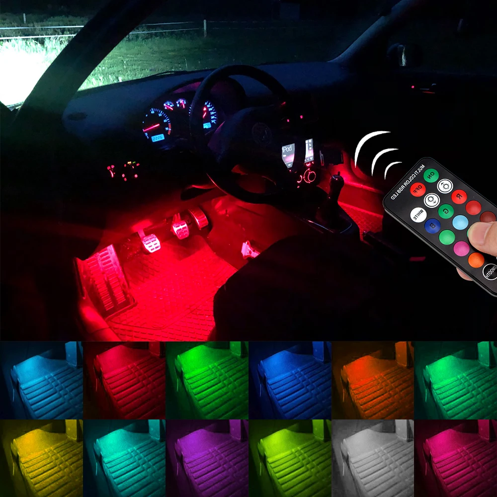 자동 RGB 충전 풋 라이트, 자동차 인테리어 분위기 조명, 무선 원격 LED, 자동차 장식 램프, 2 개