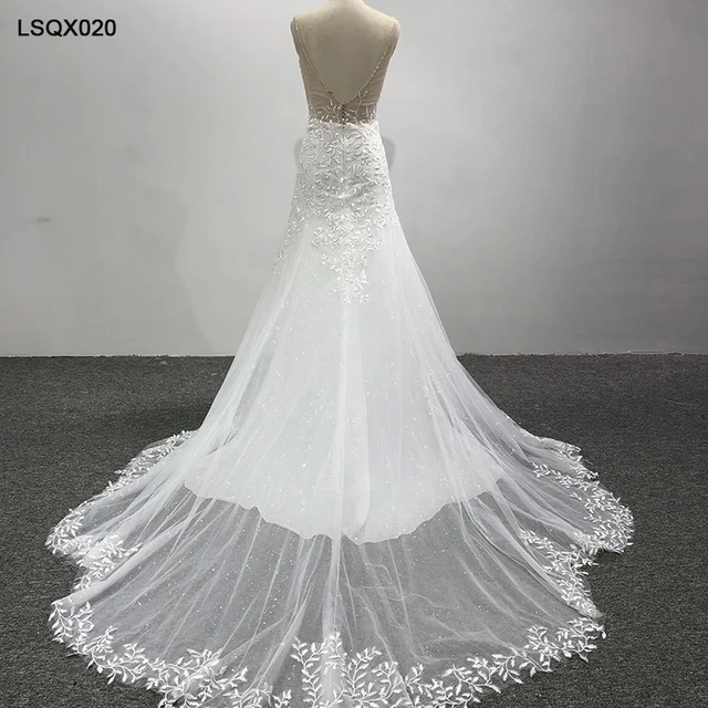 LSQX020 2021 boho mermaid wedding dresses v neck sleeveless blackless wedding dress with glitters vestido branco casamento civil 2