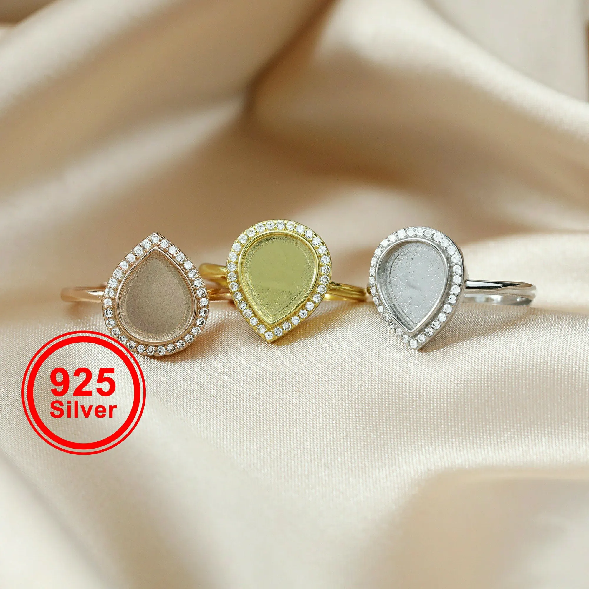 

1Pcs 8x10MM Pear Ring Settings Adjustable for Breast Milk Cabochon Solid 925 Sterling Silver Bezel DIY Supplies 1294208