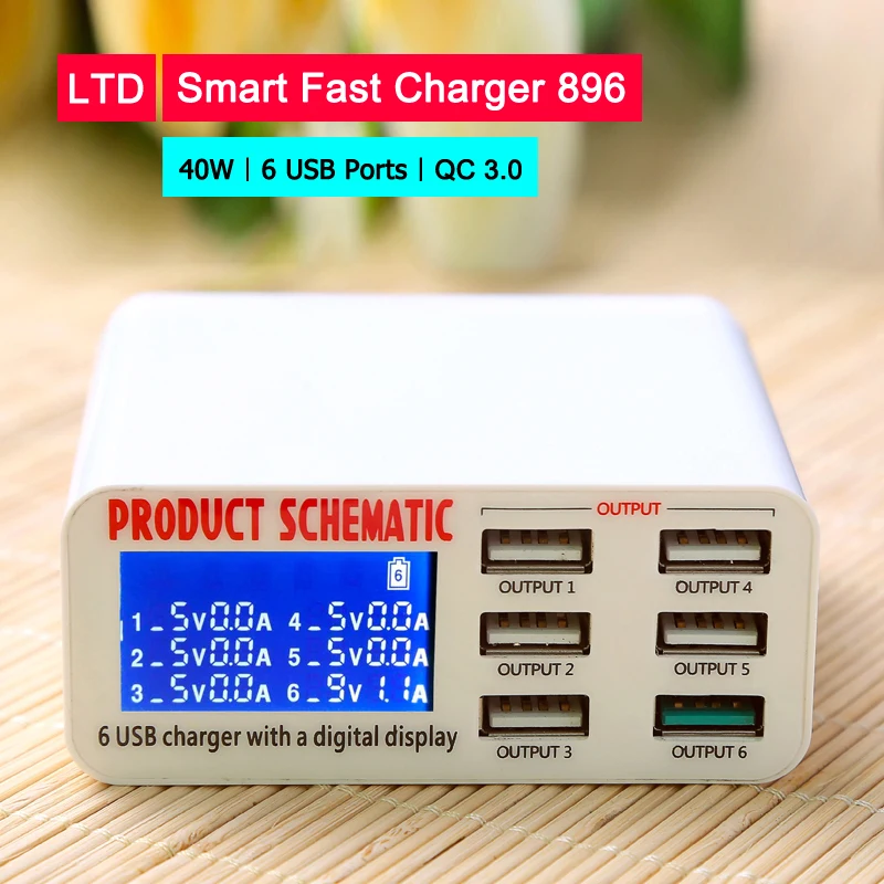

40w Smart USB Quick Charger HUB Led Display Universal Fast charging 6 USB Ports QC3.0 Power Adapter Socket Wall Phone Charger