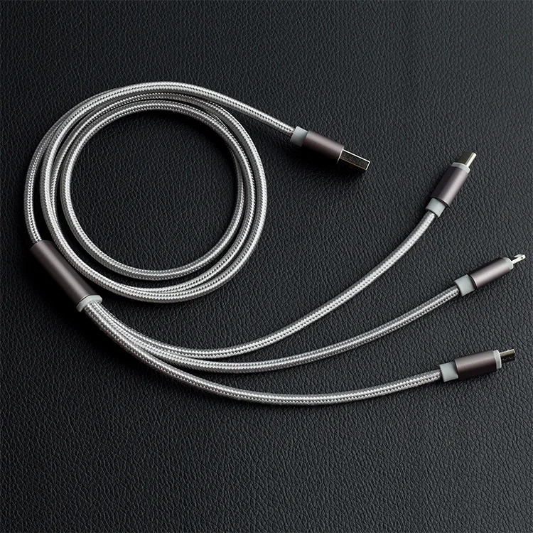 

New Style Triple Nylon-woven USB Cable Fast Charge Three-in-one Data Cable Three Head Multi-functional Synchronous Charging Cabl