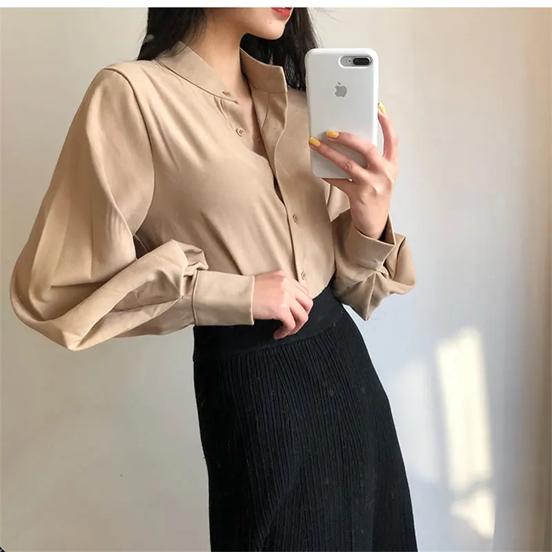 Alien Kitty 2020 Classic Retro Stand Elegant Solid Casual Women Coat Lantern Sleeve Loose Korean Style Shirts Jacket | Женская одежда