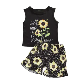 

Children Clothing 2020 Sunflower Pattern Outfits Girls Sleeveless Vest Ruffle Shorts Floral Print Set Girls Clothes Set