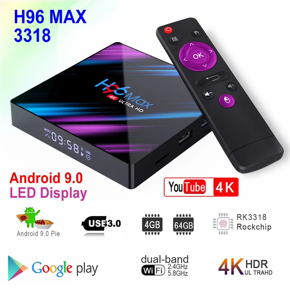 Baratos H96 MAX 3318 caja de TV inteligente Android 9,0 Rockchip RK3318 4GB RAM 64GB ROM BT4.0 USB3.0 2,4G 5G Dual WIFI 3D 4K HDR Set Top Box