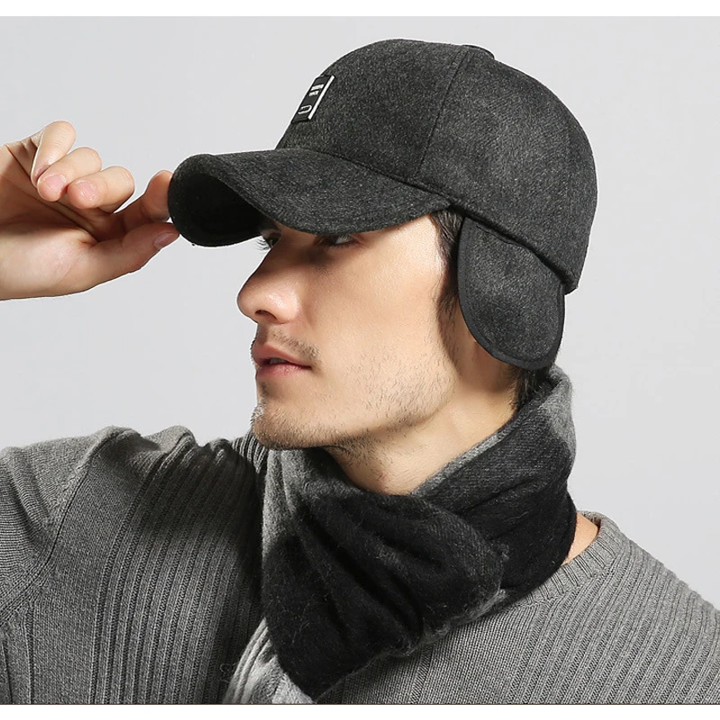 

Woolen Hat Solid Color Winter Outdoor Baseball Dad Cap with Earflaps Thick Warm Hat