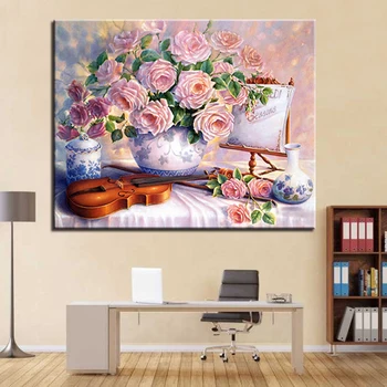 

DIY Oil Painting By Numbers Coloring Violin Pink Hibiscus Flower On Canvas Pictures HandPainted Unique Home Decor Wall Art Frame