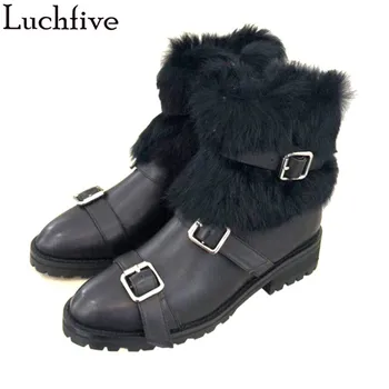 

Buckle Strap Short Boots Women Wool Winter Boots Round Toe Low Heels Ladies Shoes Runway Black Shoes Woman