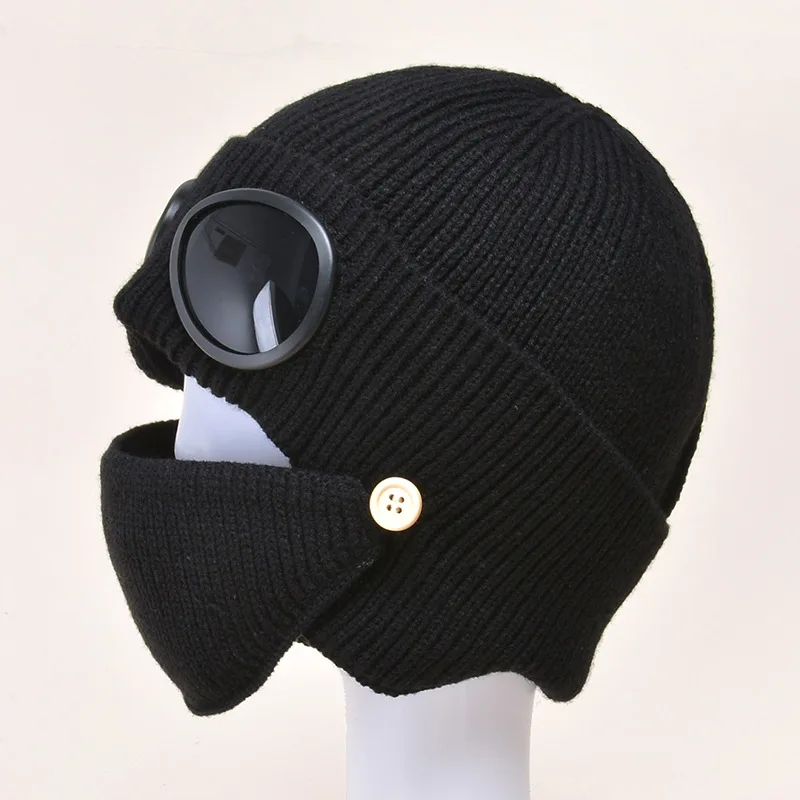 Autumn and winter new aviator glasses ear caps plus velvet warm woolen cap women Korean knitted hat mask