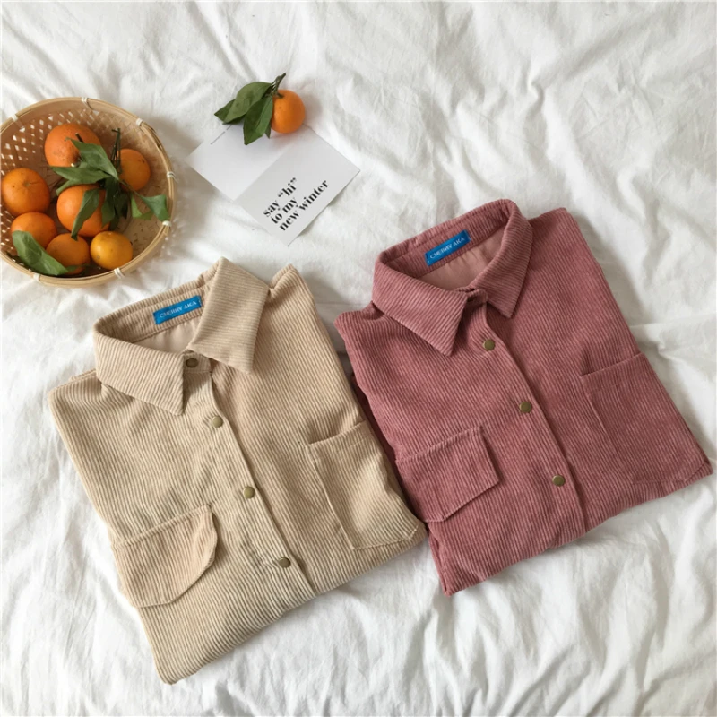 Autumn New Corduroy Blouse Women Fashion Student Solid Long Sleeve Shirt Female Loose Shirt Coat Preppy Jacket Tops CA3488