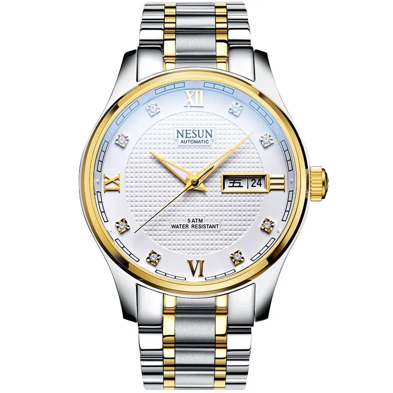 Gold-white-steel Nesun деловые мужские часы Топ бренд класса люкс автоматические механические наручные часы водонепроницаемые тонкие стальные Relogio Masculino 9121-8 - Цвет: Gold-white-steel