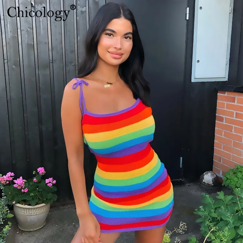 Chicology Радуга зашнуровать Регулируемый тонкий на бретельках лямках мини-платье 2019