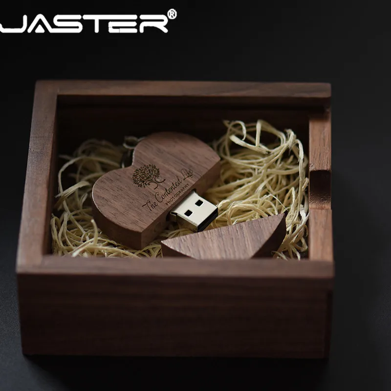 USB флеш накопитель JASTER деревянный в виде сердца с коробкой 4/8/16/32/64 ГБ|USB