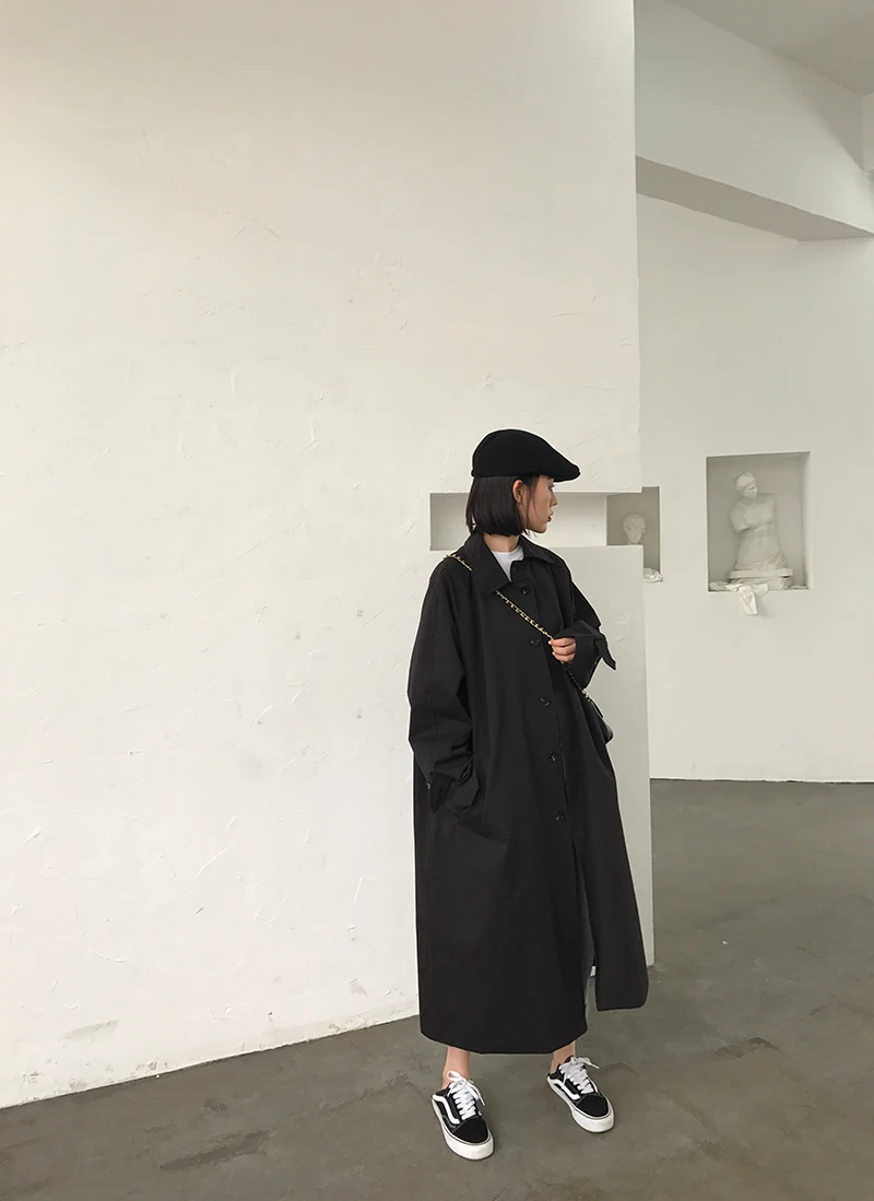 Женский Осенний свободный тонкий длинный тренчкот прямой однобортный однотонный Повседневный женский классический ветровка
