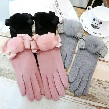

1Pair Fashion Women Winter Bow Pom Pom Gloves Thermal Touch Screen Thick Warm Comfy Soft Gloves