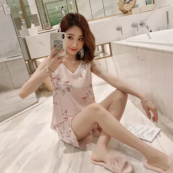 

Summer Satin Pajamas Sets for Women Can Outside Wear Short Sleeve Homewear Sleepwear Sweet Girls Lace Home Clothing lingerie