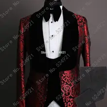 Мужские костюмы на заказ, смокинги для жениха красного цвета и черного цвета, мужские свадебные смокинги с отворотом для жениха(пиджак+ брюки+ жилет+ галстук) C697