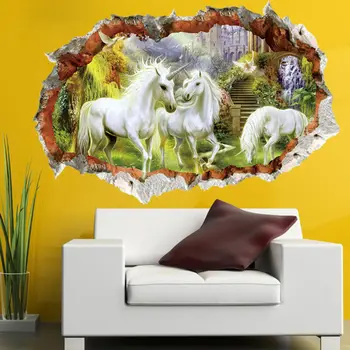 

3D Break The Wall Effect Picture Setting Sticker Decorative Kids Nursery Decor Decal Unicorn Horse Forset Wall Stickers Creative