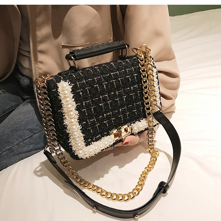 

2019 Winter Fashion New Female Square Tote bag Quality Woolen Pearl Women's Designer Handbag Ladies Chain Shoulder Crossbody Bag