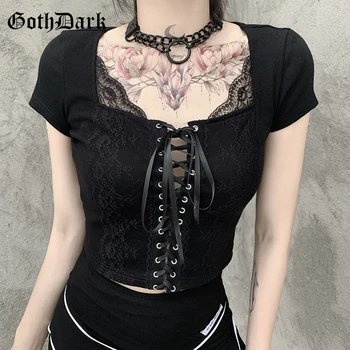 

Goth Dark Mesh Patchwork Gothic T-shirts Bandage Front Black Punk Women Crop Tops Bodycon Short Sleeve V-neck Sexy T-shirt 2020