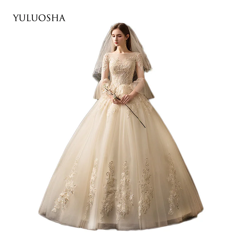 

YULUOSHA Wedding Gown Lace Organza with Embroidery Lace Boat Neck Long Burgundy Dress for Wedding Wedding Dress Vestido De Noiva