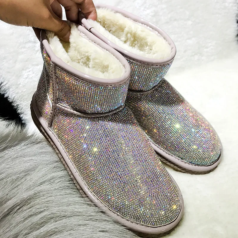 Womens Round Toe Sequins Bling Glitter Ankle Boots Warm Winter Snow 1.2kg Fleece Liner Thicken Shoes Casual Retro Girls 4Colors