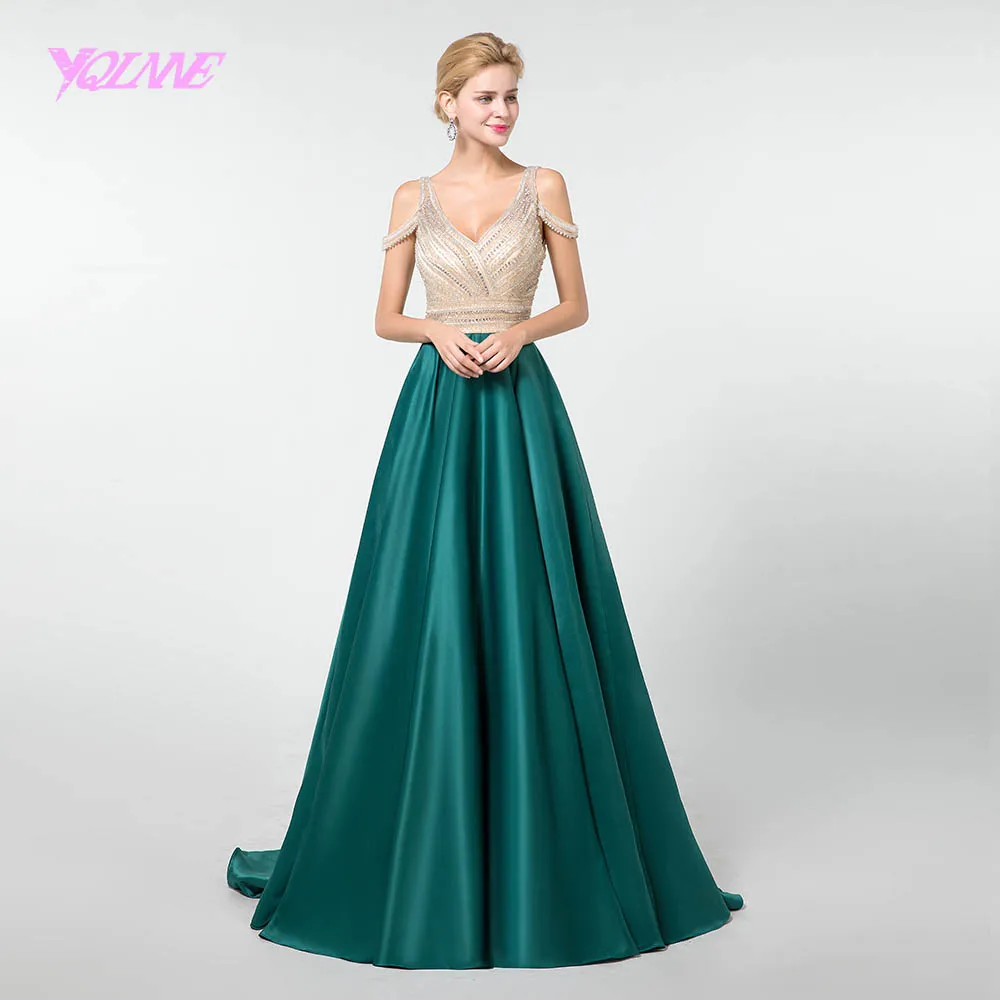 YQLNNE темно-зеленые атласные платья для выпускного вечера Длинные формальное платье кристаллы спинки YQLNNE