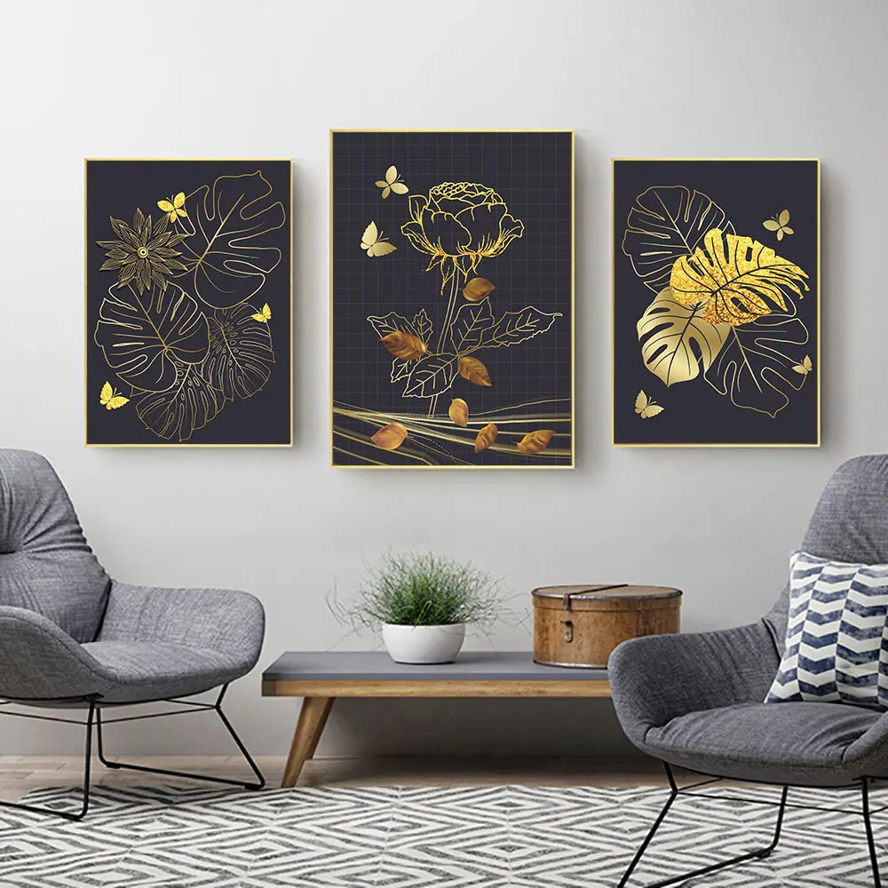 Nordic Gold Lotus Canvas Painting Leaves Butterfly Art Prints Modern Abstract Printings for Living Room Unframed | Дом и сад