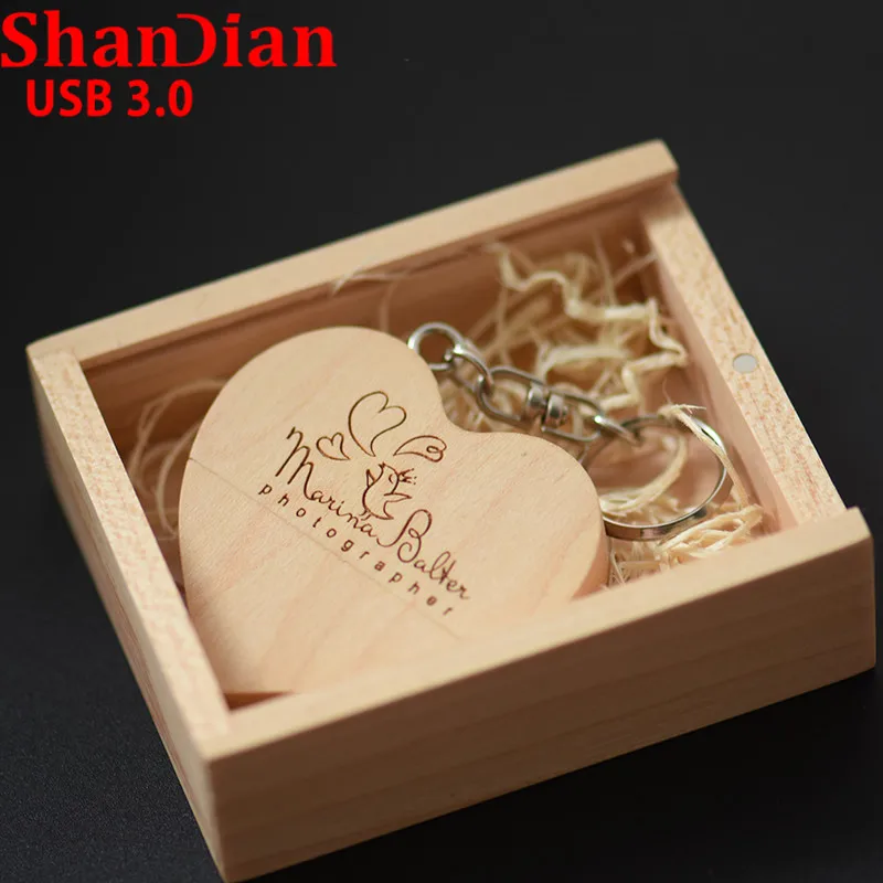 

SHANDIAN USB 3.0 (over 10 PCS free LOGO) walnut wooden heart + gift box USB flash drive USB creative pendrive 8GB 16GB 32GB 64GB