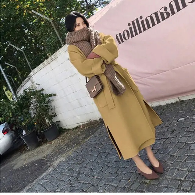 Большие размеры Свободное длинное шерстяное пальто для женщин новое осенне-зимнее уличная шерстяное пальто Женская куртка кашемировые пальто NS1433 - Цвет: jiang yellow